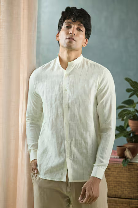 Arihant Rai Sinha  Cream Linen Mandarin Collar Stripe Shirt
