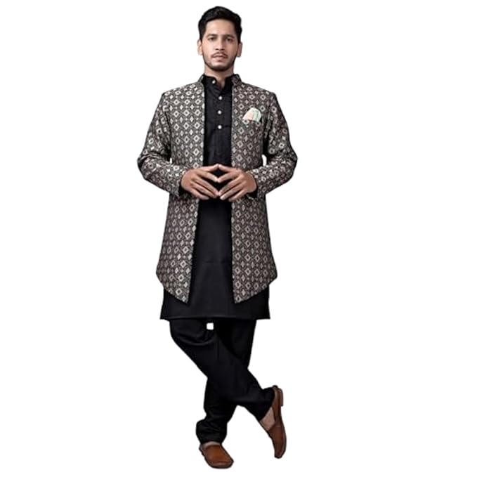 Amzira Men's Stylish Ethnic Wear Black Kurta Pajama Set with Long Jacket,
