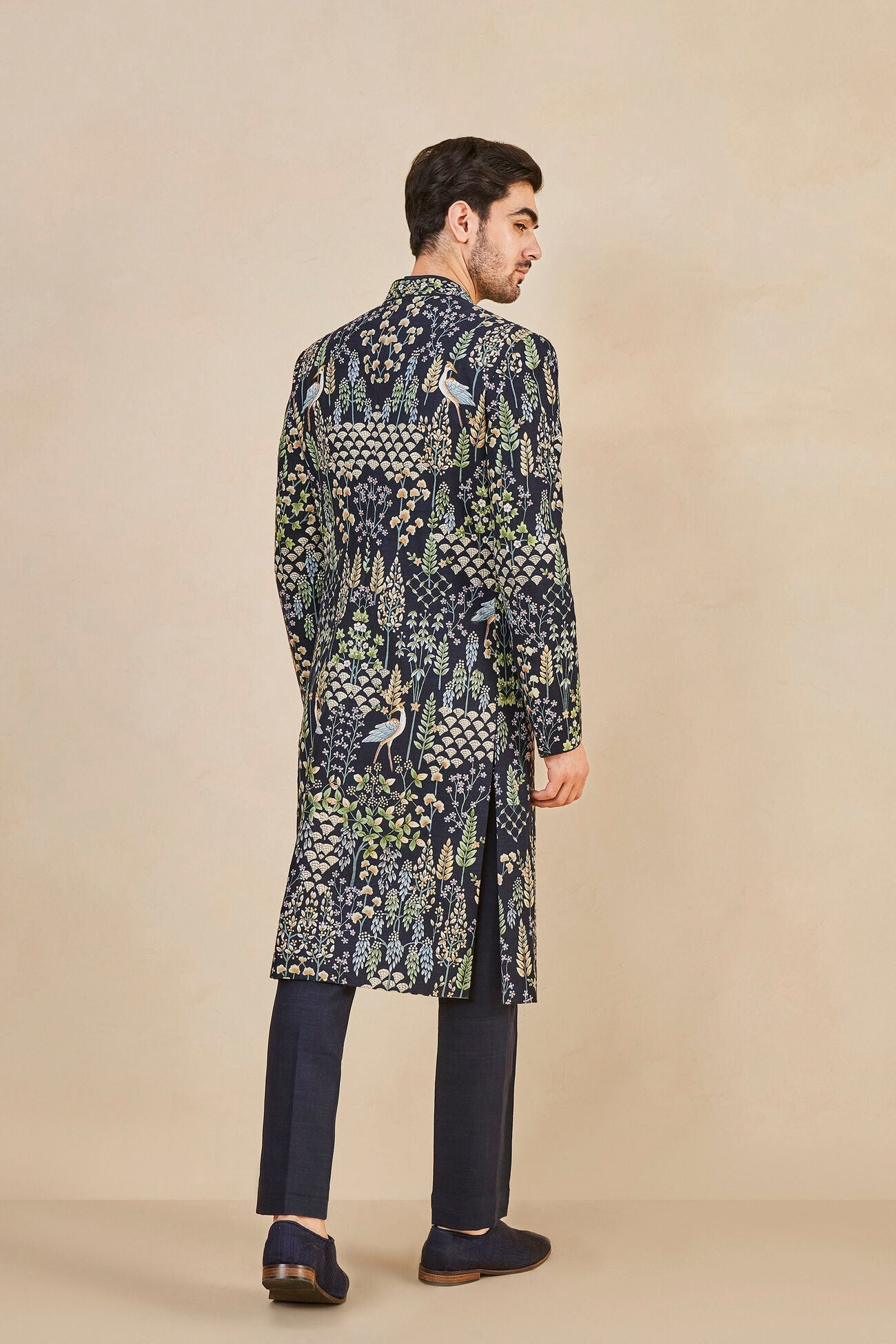 Anita Dongre Fardan Hand-painted Pichhwai Silk Sherwani - Navy