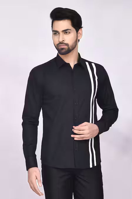 Arihant Rai Sinha  Black Cotton Striped Shirt