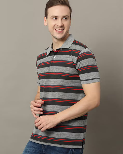 ALPHA TRIBE Men Stripes Print Regular Fit Polo T-Shirt