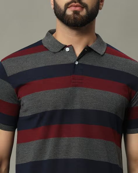 ALPHA TRIBE Men Stripes Print Regular Fit Polo T-Shirt